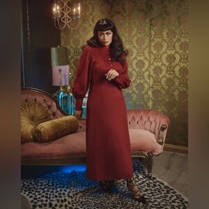 Lively Ghosts Full Moon Devil Dress Burgundy Red Long Sleeve Dress Goth Pearl
